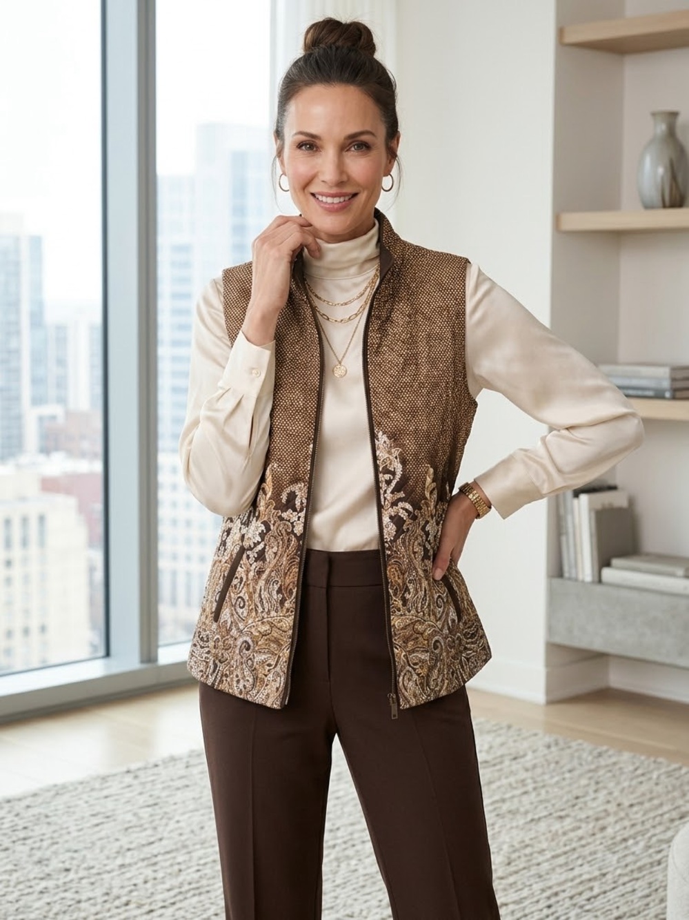 Chico's Brown Quilted Zip-Front Vest Cream Embroidery pockets zipper medium 8-10